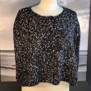INC International Concepts Black White Speckle Soft Fuzzy Button Sweater Cape L
